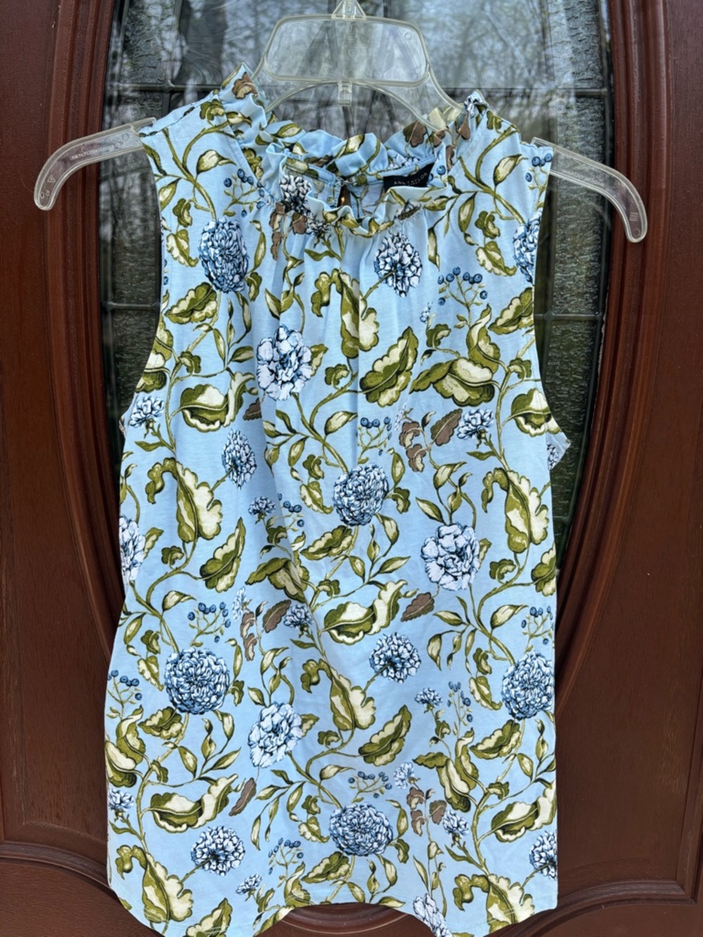 Ann Taylor Factory Light Blue Floral Ruffle-Neck Sleeveless Camisole